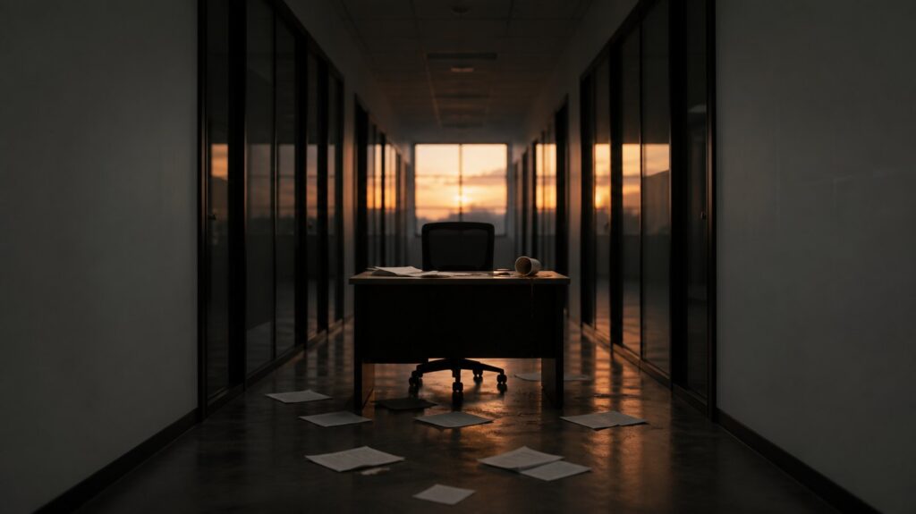 Empty office corridor at dusk, a single unattended desk with a toppled coffee cup, papers scattered across the floor