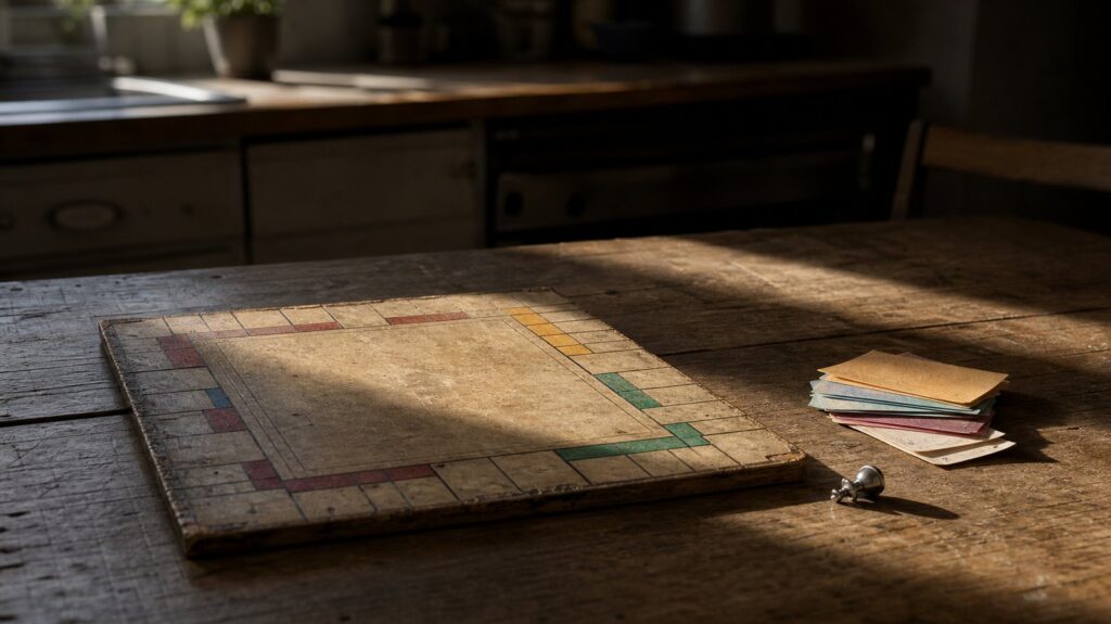 Weathered wooden Monopoly board on a kitchen table, small metal token toppled beside stacked pastel banknotes, harsh afternoon light