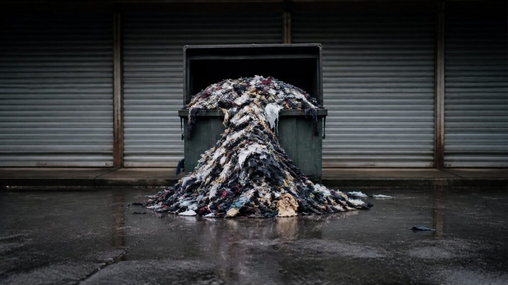 Rows of shredded surplus garments spilling from an open dumpster behind a closed shop, cold January morning light on wet asphalt