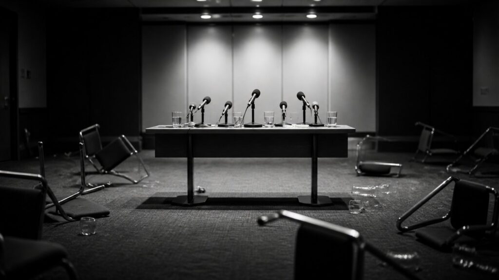 Empty conference room after a press briefing, overturned chairs, scattered water glasses, microphones on a bare table, harsh overhead light