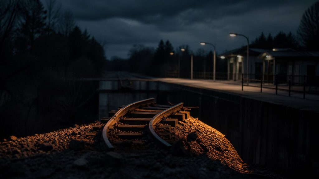 Twisted railway tracks curving off a ballast embankment at dusk, empty suburban platform beyond, orange floodlights on gravel