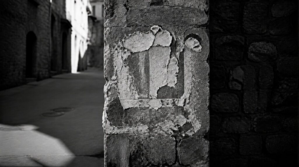 Weathered stone wall in a narrow alley where layers of torn posters have been scraped away, exposing overlapping paper edges