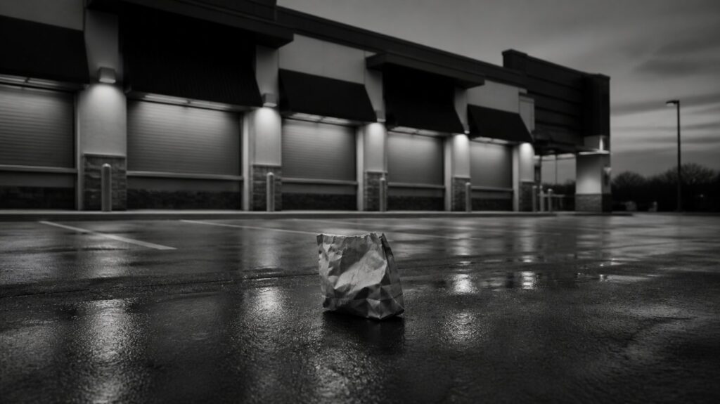 Rows of shuttered fast-food restaurant windows at dusk, empty parking lot, a single crumpled paper bag on wet asphalt