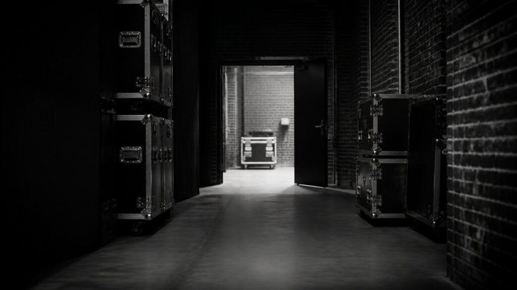 Empty backstage corridor of a concert venue, flight cases stacked against brick walls, a single door propped open