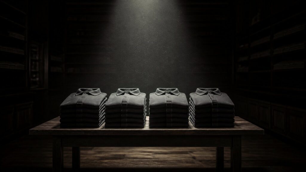 Rows of identical folded polo shirts stacked on a dim wooden retail table, empty aisle behind, dust drifting in a single spotlight
