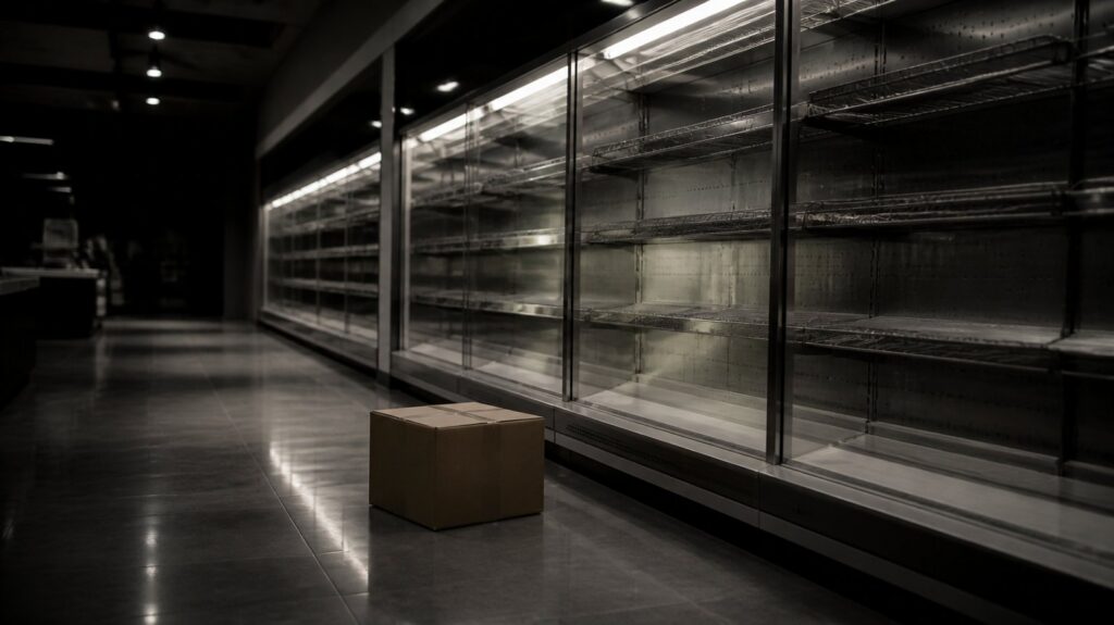 Rows of empty stainless steel shelving in a dim supermarket aisle at closing time, a single dropped box on polished tile