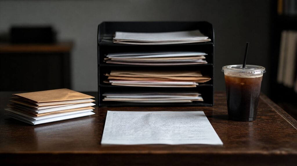 Sorted mail trays and a hand-written complaint letter on a wooden desk, unopened envelopes stacked beside a cold cup of coffee