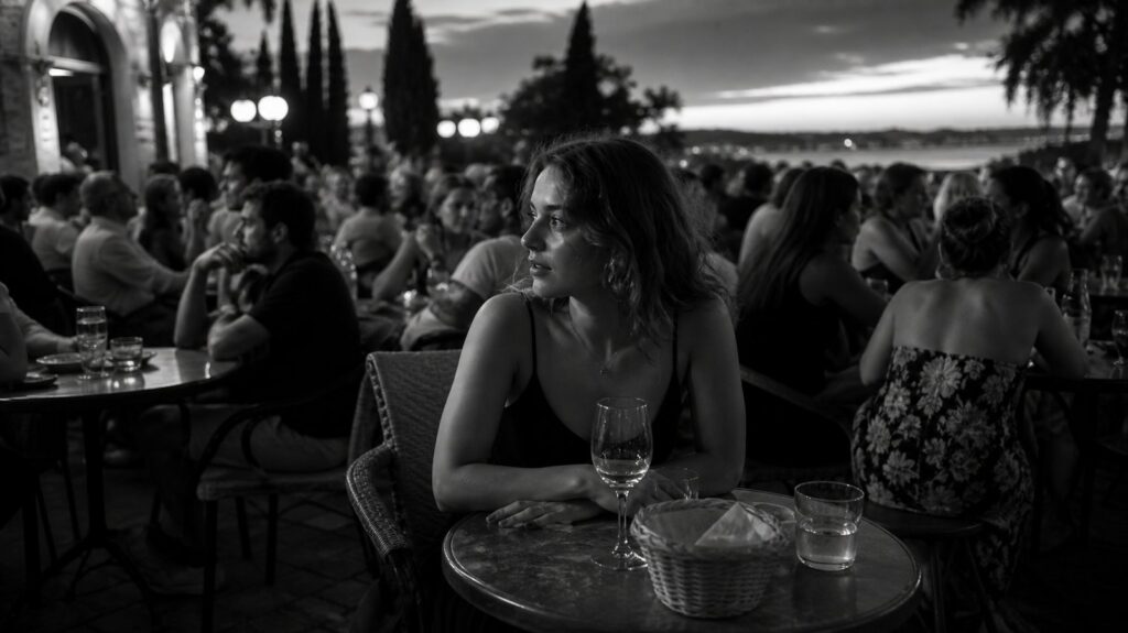 Crowded café terrace at dusk, dozens of small tables packed close, every seat taken, animated hands mid-gesture