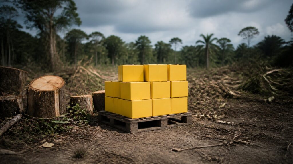 Yellow toy packaging boxes stacked on a warehouse pallet beside freshly cut tree stumps in a cleared tropical forest clearing