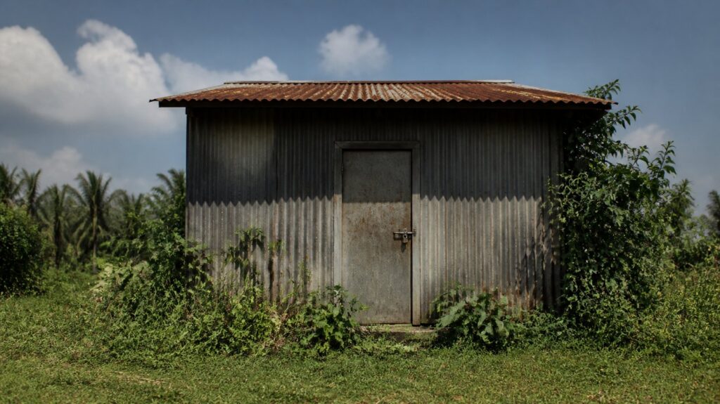 Weathered corrugated metal wall of a rural warehouse, single padlocked door, tropical vegetation encroaching at its base, harsh midday sun