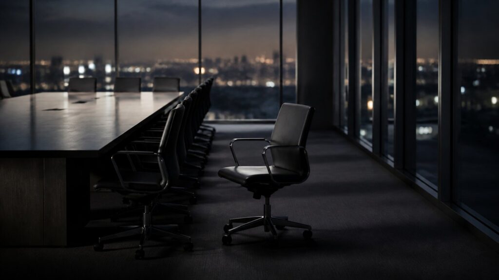 Rows of empty office chairs around a long boardroom table at dusk, one seat pushed back, city lights beyond the windows