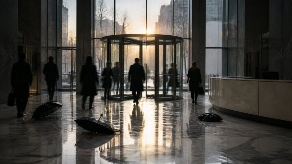 Crowded office building lobby at dawn, empty reception desk, revolving glass door mid-turn, scattered umbrellas dripping on marble floor