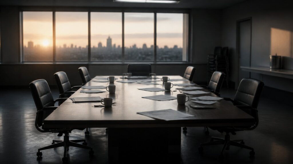 Bare crisis-management war room table at dawn, empty chairs pushed back, cold coffee cups and scattered papers under fluorescent light