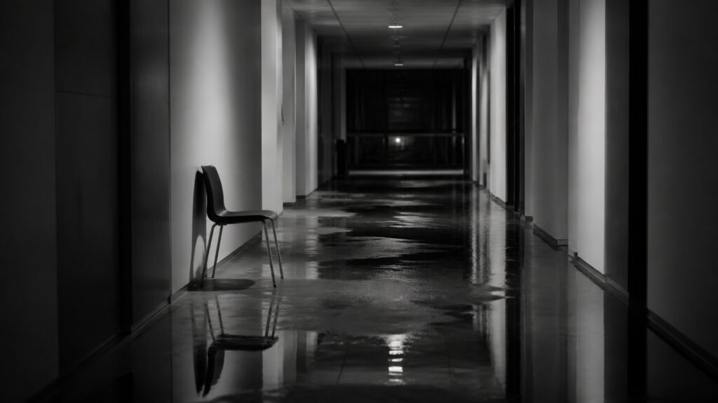 Long empty office corridor at night, a single chair pushed against a wall, water seeping across the polished floor