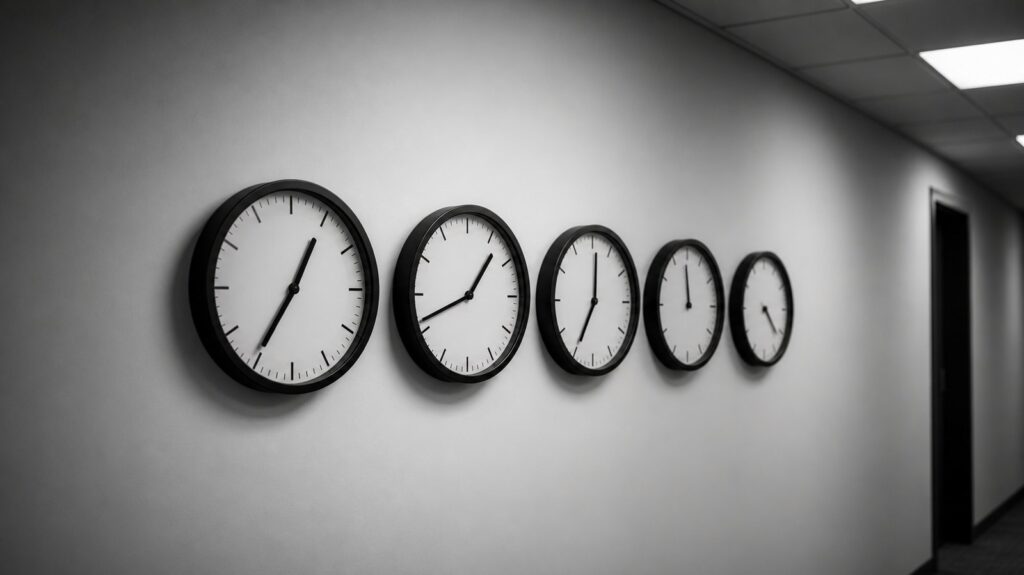 Rows of identical wall clocks mounted on a bare office corridor wall, each showing a slightly different time, harsh fluorescent light