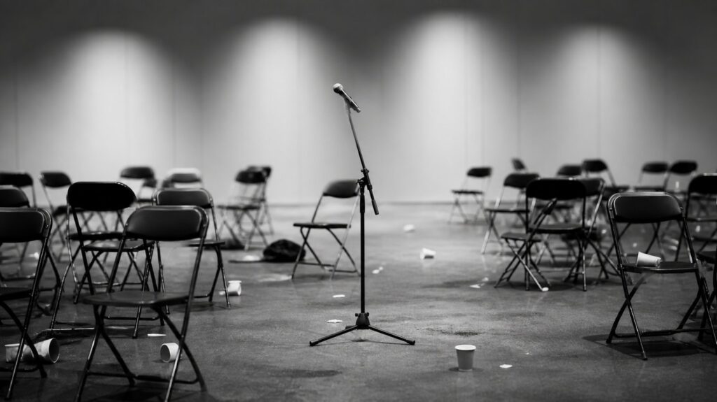 Empty conference hall after an event, rows of folding chairs askew, abandoned coffee cups, single microphone stand under harsh lighting