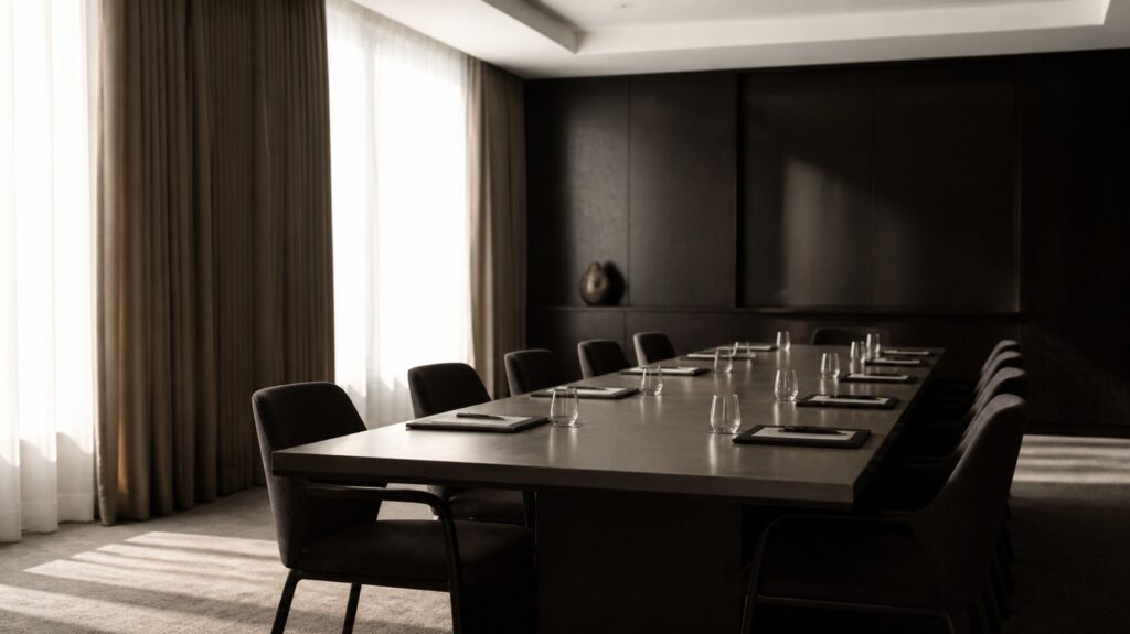 Empty hotel conference room set for a morning meeting, chairs pushed in, water glasses and closed folders on a long table