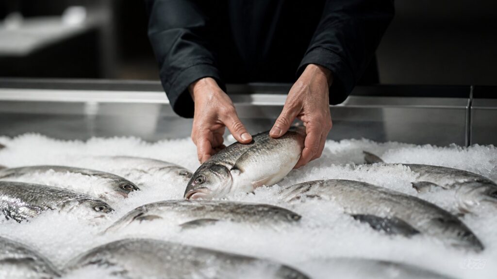 Hands of a shopper reaching into a supermarket freezer chest filled with ice and whole fish, fluorescent light overhead