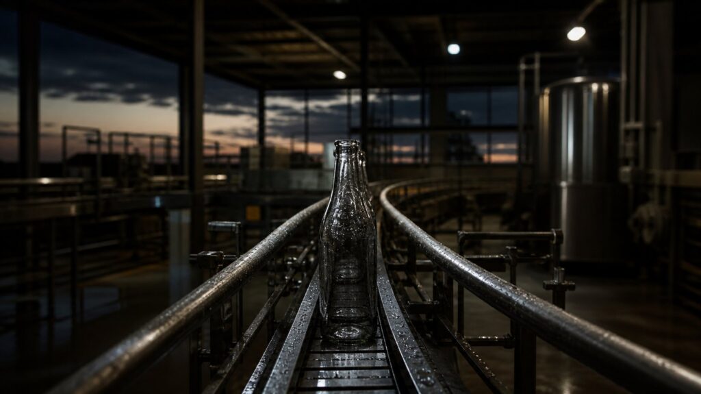 Empty bottling plant conveyor line at dusk, glass bottles halted mid-track, condensation beading on steel rails under dim overhead light