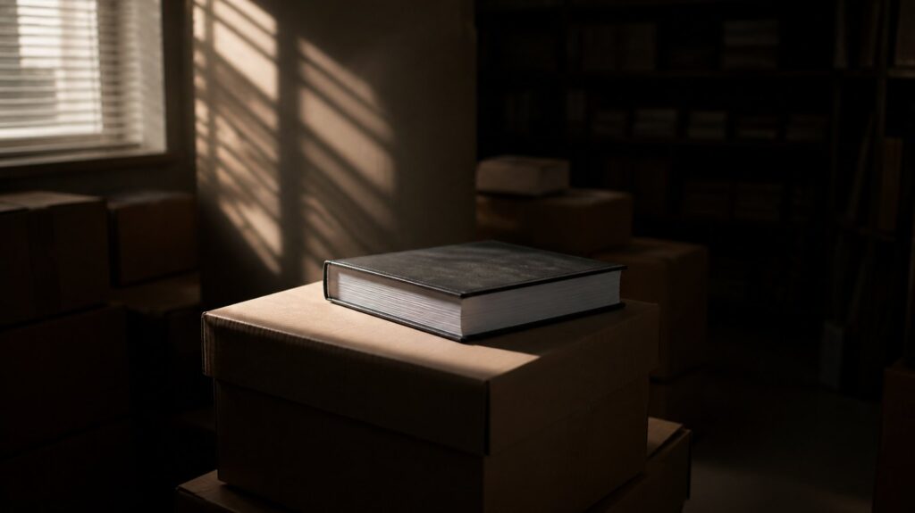 Cardboard boxes stacked in a dim university storage room, one thick bound thesis resting alone on the top box, morning light through blinds