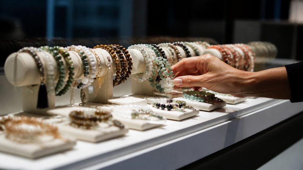 Rows of bright costume jewellery on a white retail display counter, one shopper's hand reaching toward a beaded bracelet