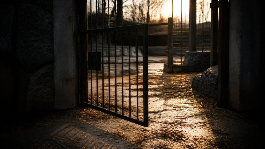 Empty animal enclosure at a small provincial zoo at dawn, open gate swinging, straw scattered across damp concrete floor
