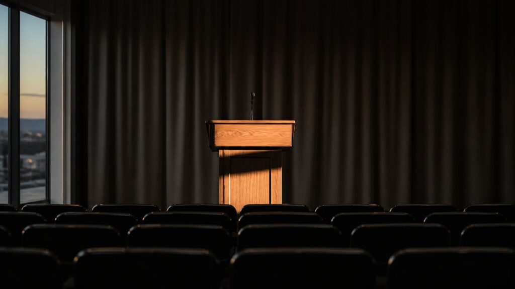 Empty press room at dusk, rows of vacant chairs facing a bare wooden lectern, single microphone stand, drawn curtains