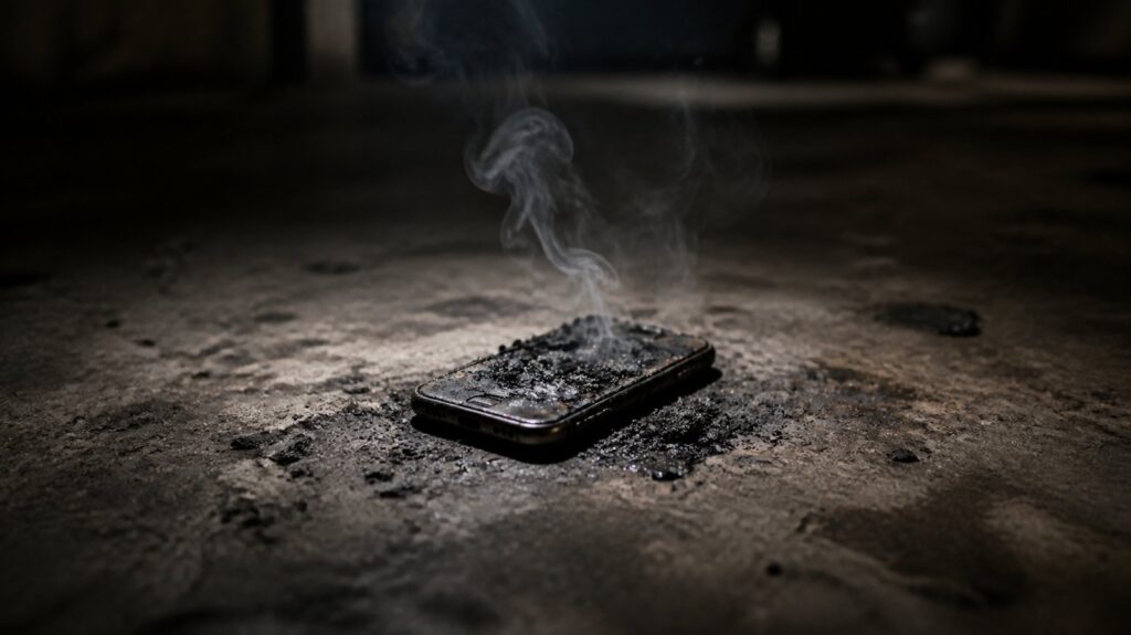 Charred smartphone lying on a scorched concrete garage floor, thin smoke rising, harsh work-lamp light from above
