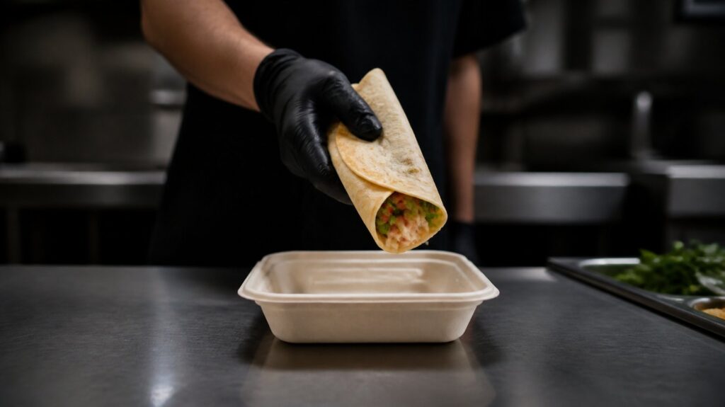 Gloved hand lowering a folded tortilla toward an open takeaway container on a stainless steel prep counter under fluorescent light