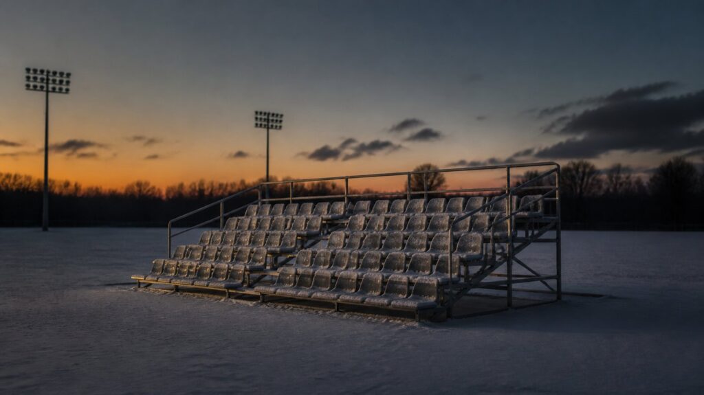 Bare aluminum bleachers in an empty snow-covered stadium at dusk, plastic seats dusted with frost, floodlights unlit