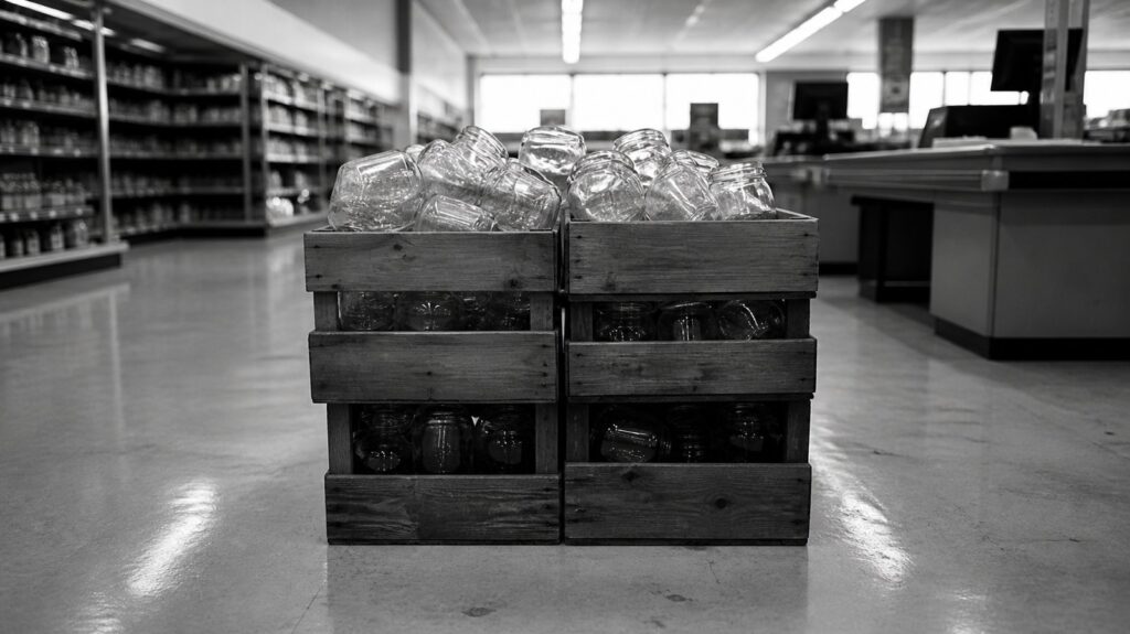 Wooden supermarket crates overflowing with jars beside an empty checkout aisle, fluorescent light on scuffed linoleum, morning quiet