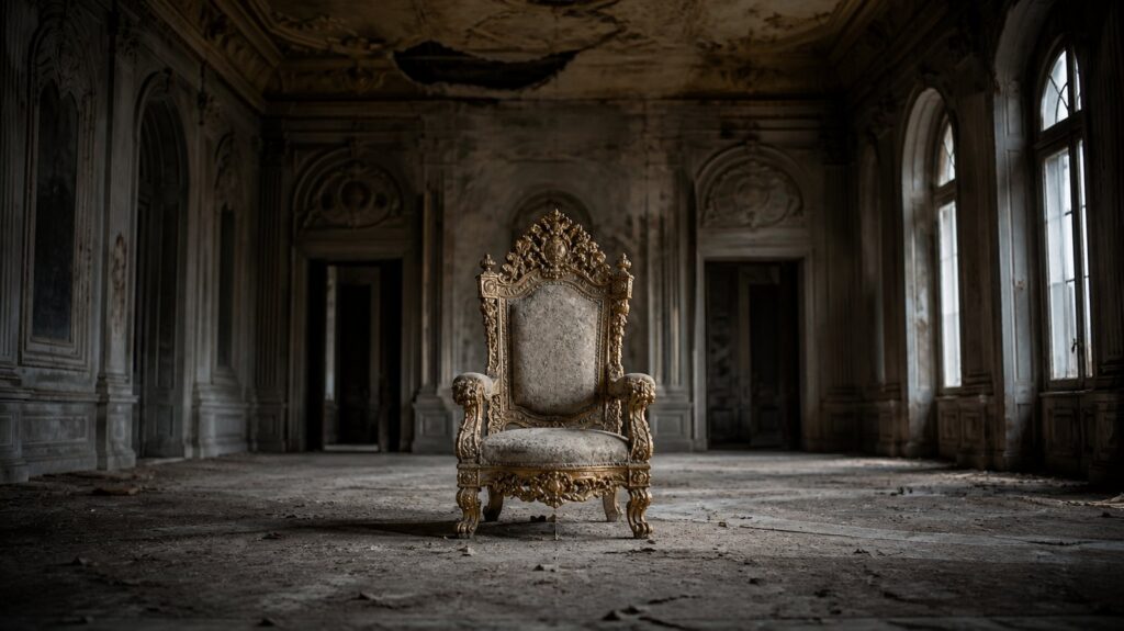 Empty throne room in a decaying palace, gilded chair coated in dust, cracked ceiling, cold grey light through tall windows