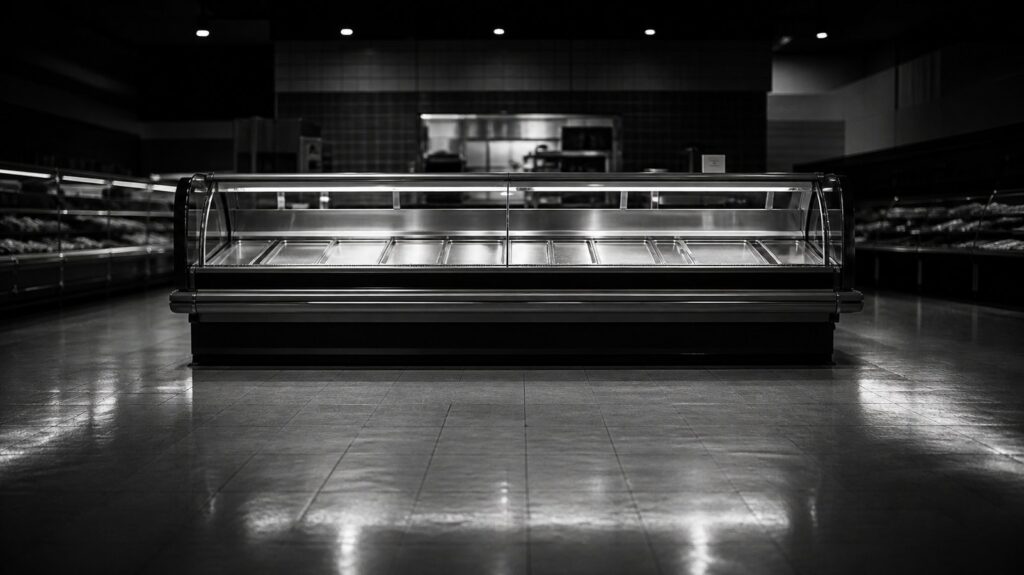 Empty supermarket meat counter at closing time, stainless steel trays wiped clean, harsh overhead lighting reflecting on tiled floor