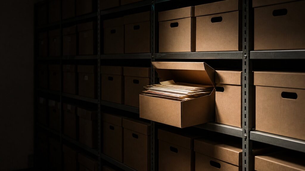 Rows of stacked cardboard archive boxes on metal shelves in a dim storage room, one box open showing loose paper folders.