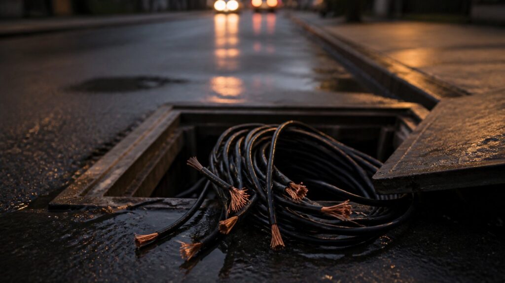 Coiled black coaxial cable spilling from an open sidewalk junction box, tangled copper ends exposed on wet asphalt at dusk
