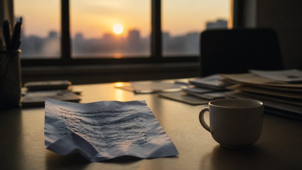 Cluttered office desk at dawn with a crumpled handwritten list crossed out beside an untouched cup of coffee