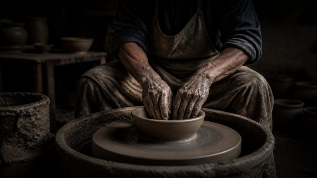 Weathered artisan's hands pressing a clay bowl on a spinning wheel in a dim workshop, raw material visible throughout