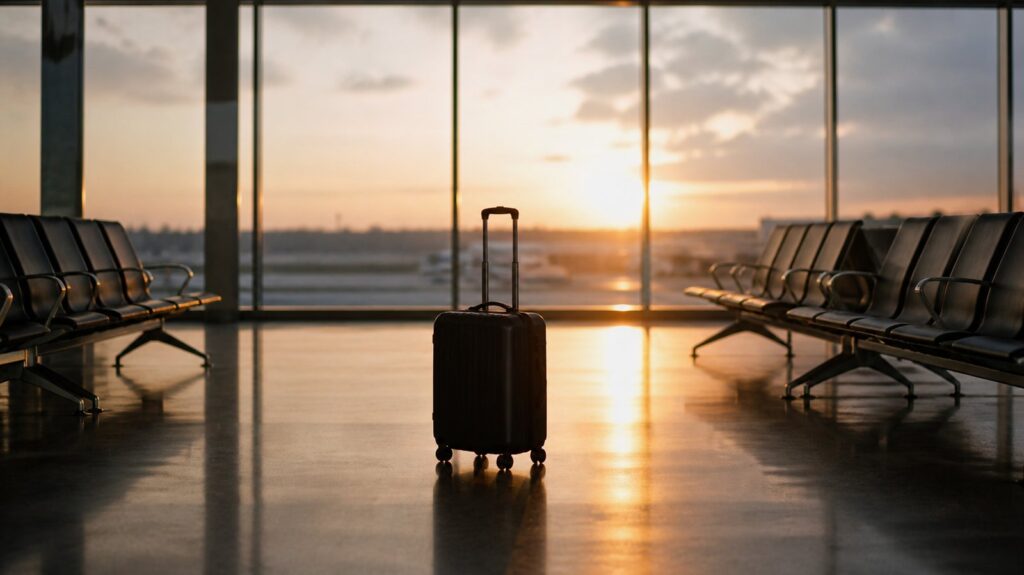 Empty airport arrivals hall at dawn, rows of vacant seats facing tall windows, one abandoned suitcase on the polished floor