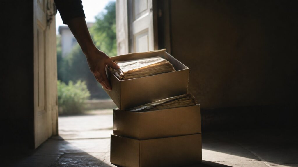 Cardboard boxes of old paper archives stacked beside an open doorway, one hand lifting the top box toward morning light