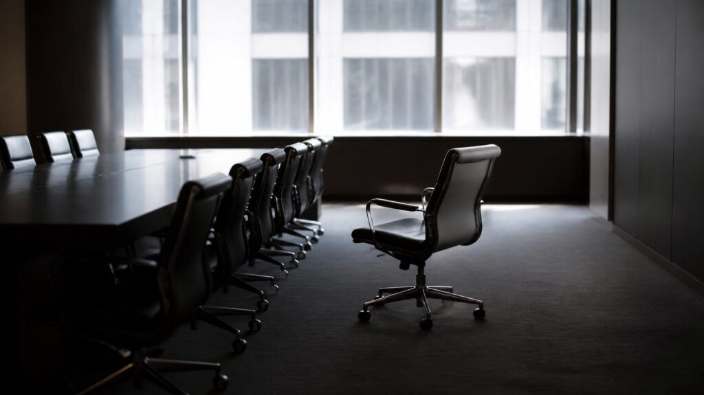 Rows of empty office chairs around a long boardroom table, one chair pushed back and turned away, cold morning light