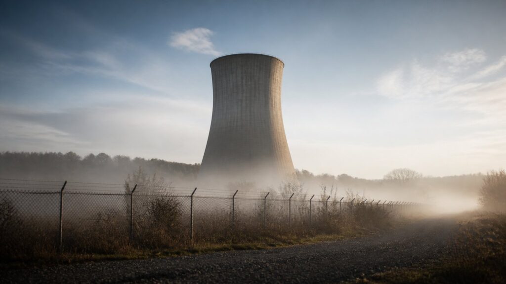 Weathered concrete cooling tower rising behind a chain-link fence, morning mist over an empty gravel access road
