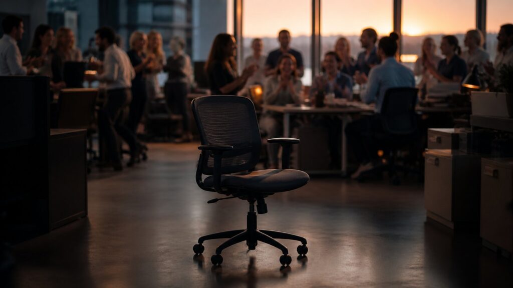 Crowded open-plan office at dusk, one empty swivel chair spinning slightly, dozens of colleagues laughing together in the background