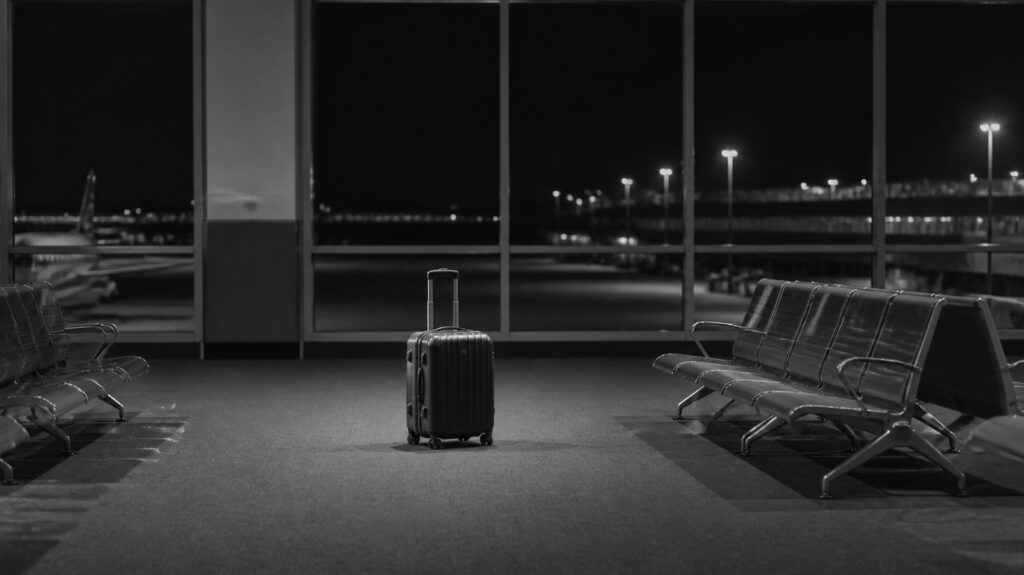 Empty airport arrivals hall at night, rows of vacant metal seats facing a dark window, one abandoned suitcase on the floor