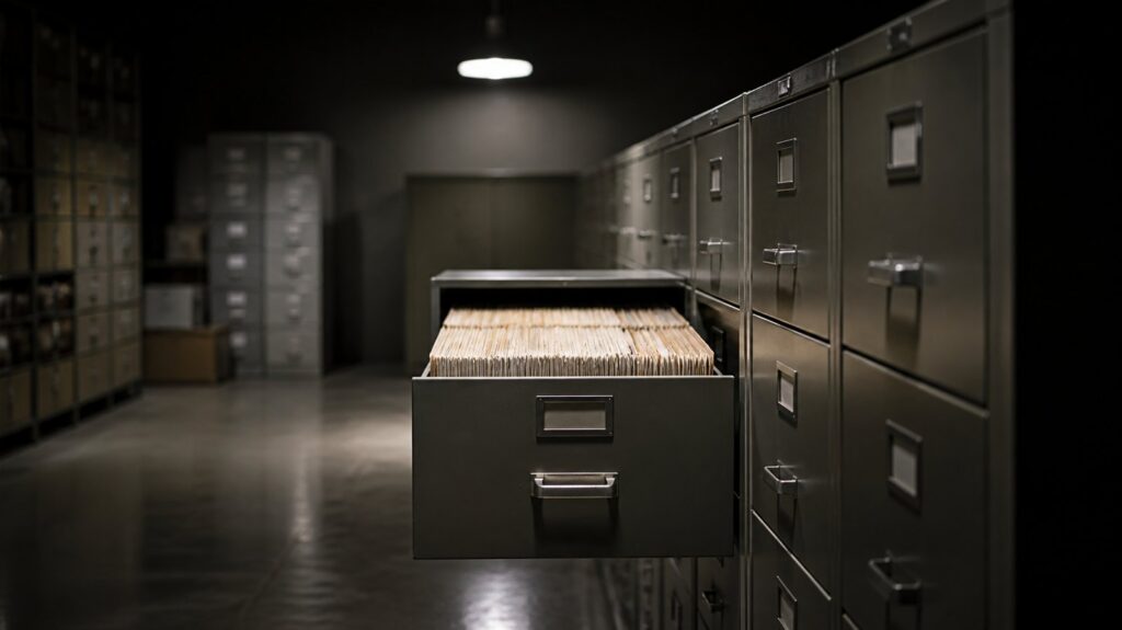 Rows of grey filing cabinets in a dim archive room, one drawer pulled open, folders lined up under overhead light