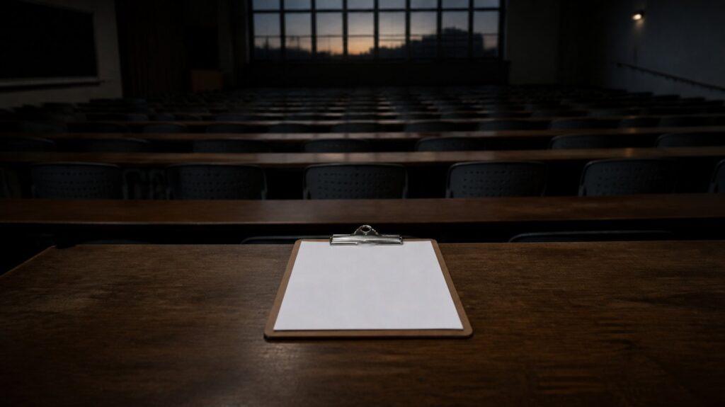 Crowded university lecture hall at dusk, empty plastic chairs, one clipboard with blank paper left on a wooden desk