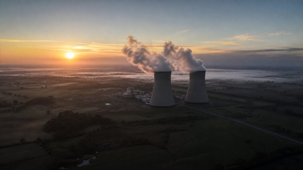 Aerial view of a vast nuclear cooling tower complex at dawn, steam drifting over surrounding farmland and empty access roads