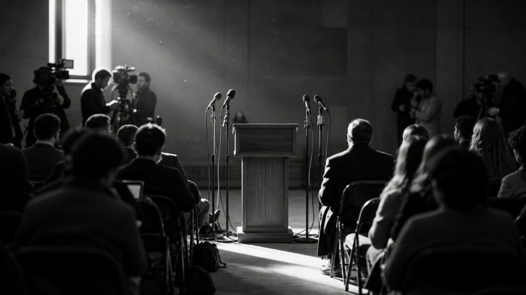 Crowded press conference room from the back, empty wooden podium, rows of folding chairs, microphones on stands, dust in slanted light