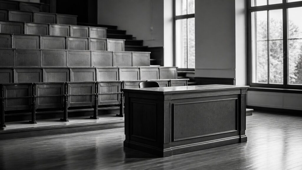 Empty university lecture hall with tiered wooden seats and a bare speaker's table, morning light through tall windows