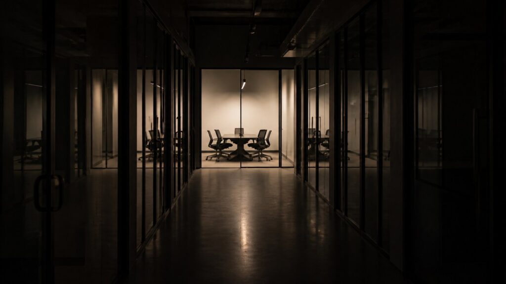 Empty office corridor at night, rows of dark glass partitions, a single meeting room lit from within, chairs pushed back
