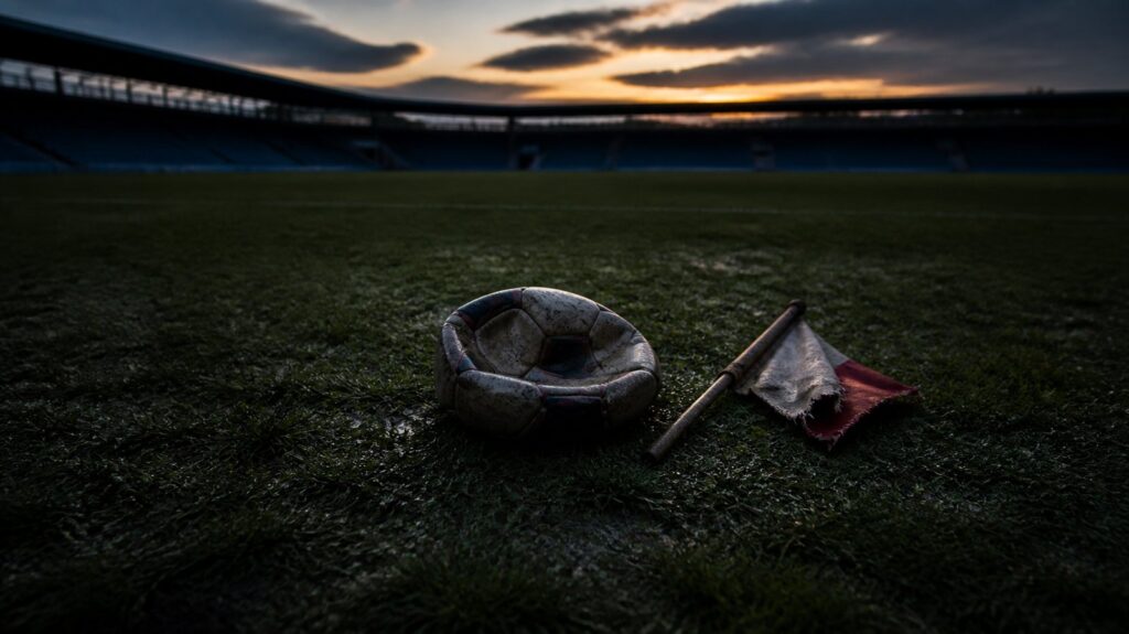 Deflated football lying in wet grass on an empty stadium pitch at dusk, floodlights off, torn corner flag nearby